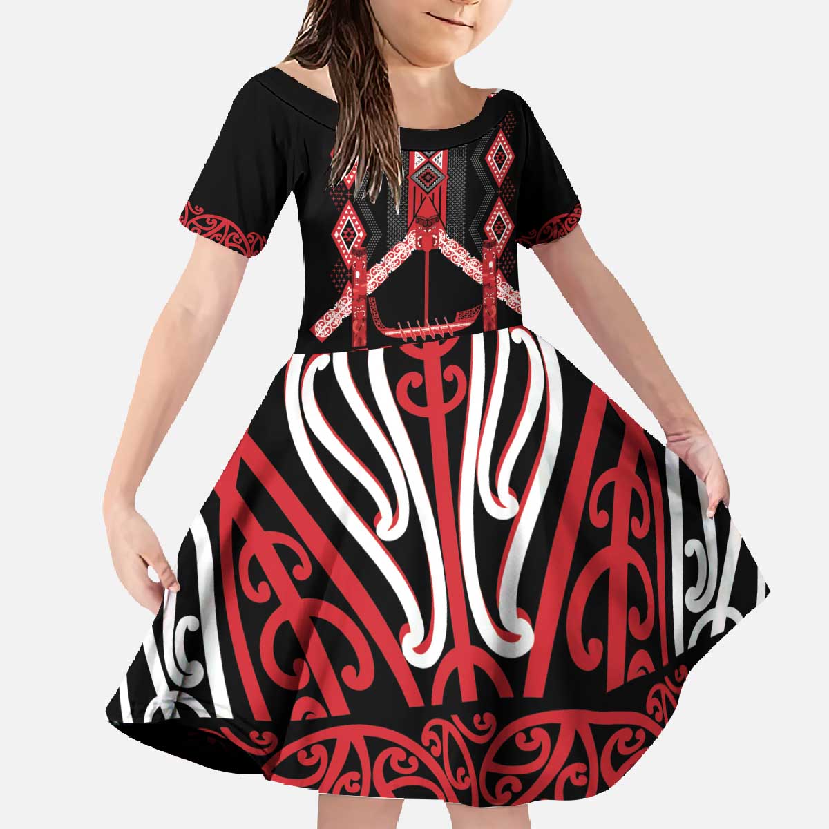 Toitu Te Tiriti Waitangi Family Matching Off The Shoulder Long Sleeve Dress and Hawaiian Shirt Black Wharenui House - Polynesian Pride