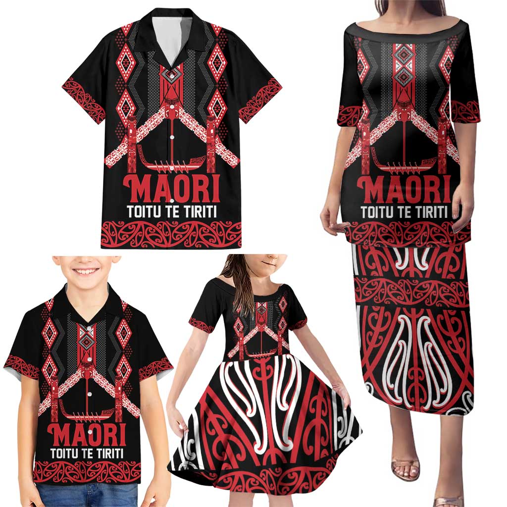 Toitu Te Tiriti Waitangi Family Matching Puletasi and Hawaiian Shirt Black Wharenui House - Polynesian Pride