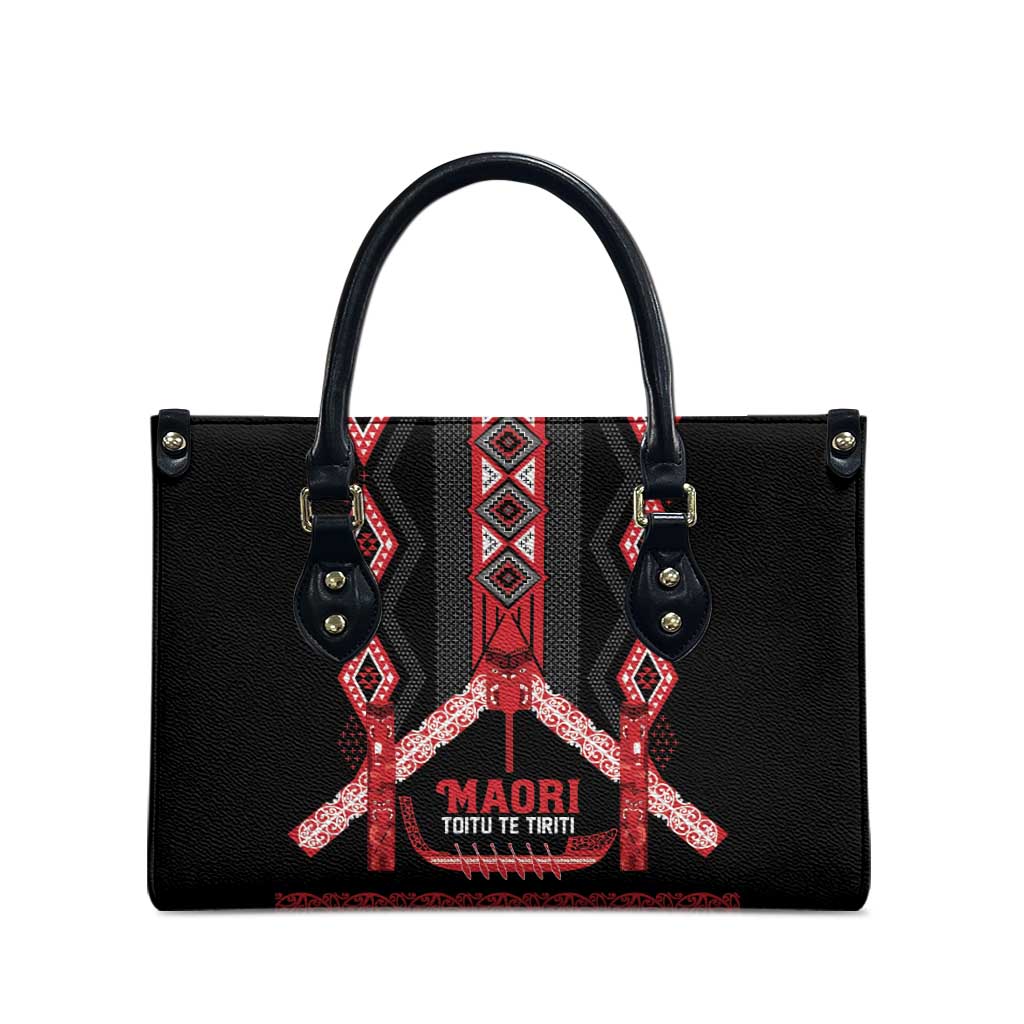 Toitu Te Tiriti Waitangi Leather Bag Black Wharenui House LT9 - Polynesian Pride