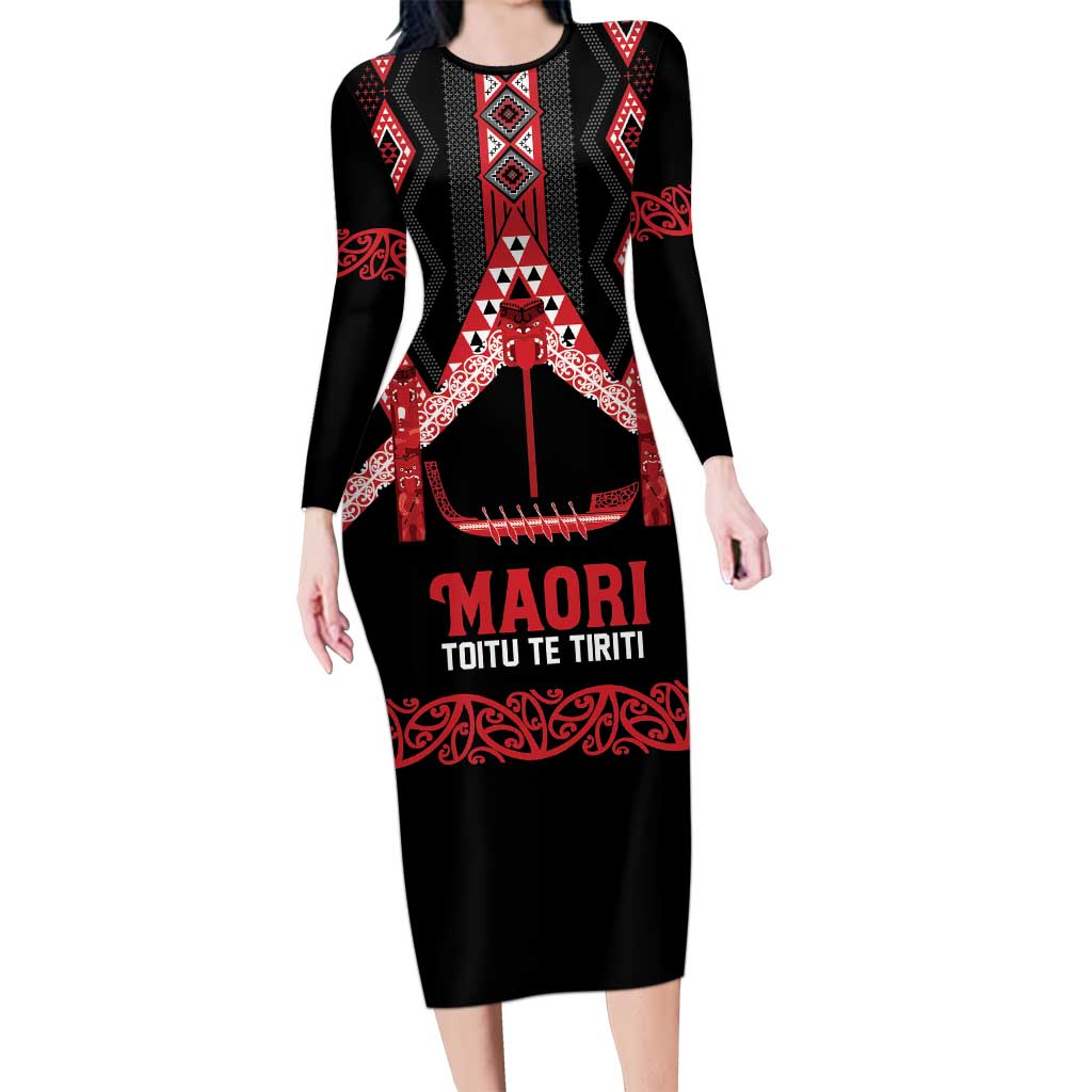 Toitu Te Tiriti Waitangi Long Sleeve Bodycon Dress Black Wharenui House LT9 Long Dress Black - Polynesian Pride