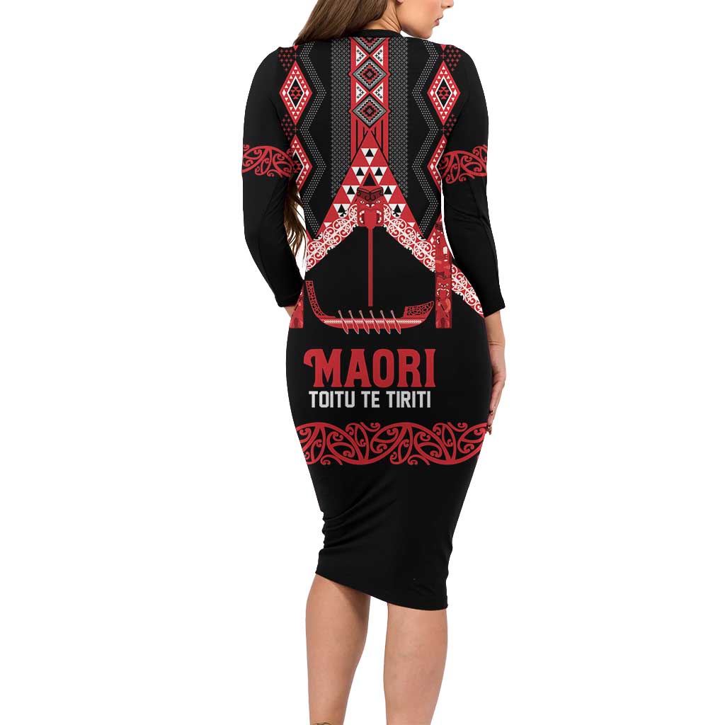 Toitu Te Tiriti Waitangi Long Sleeve Bodycon Dress Black Wharenui House LT9 - Polynesian Pride