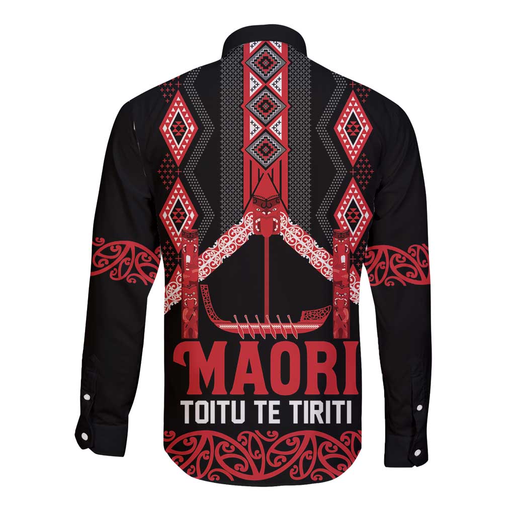 Toitu Te Tiriti Waitangi Long Sleeve Button Shirt Black Wharenui House - Polynesian Pride