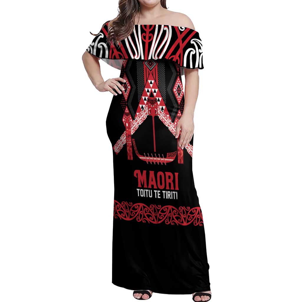 Toitu Te Tiriti Waitangi Off Shoulder Maxi Dress Black Wharenui House LT9 Women Black - Polynesian Pride