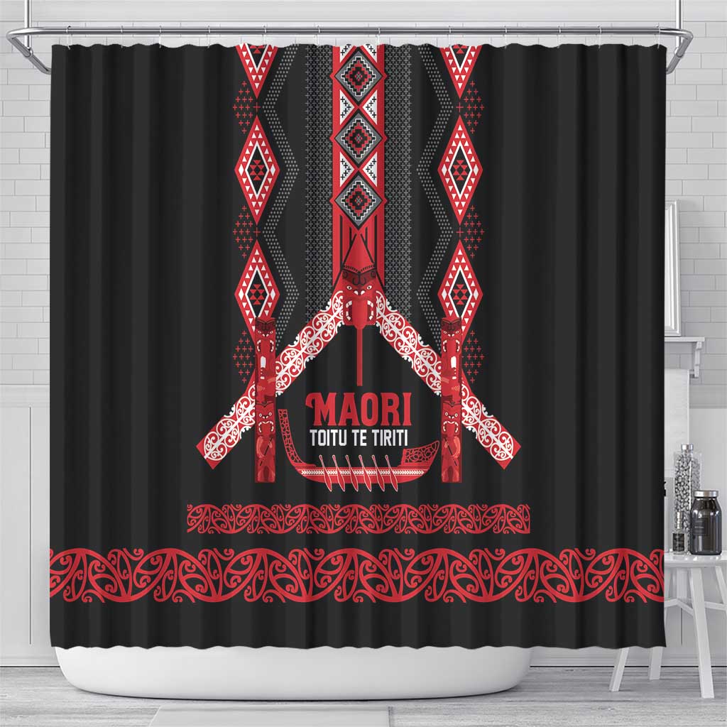 Toitu Te Tiriti Waitangi Shower Curtain Black Wharenui House LT9 - Polynesian Pride