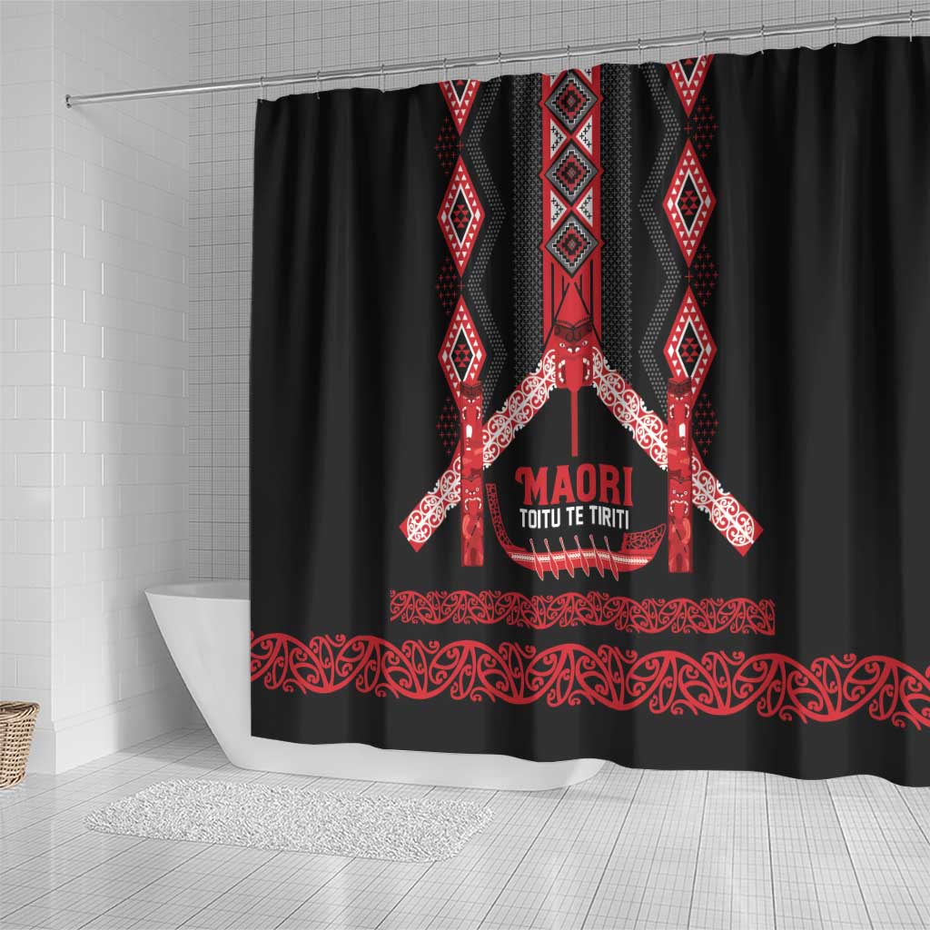 Toitu Te Tiriti Waitangi Shower Curtain Black Wharenui House LT9 - Polynesian Pride