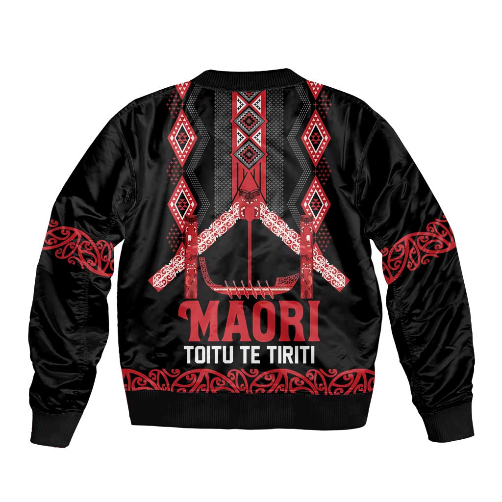 Toitu Te Tiriti Waitangi Sleeve Zip Bomber Jacket Black Wharenui House LT9 - Polynesian Pride