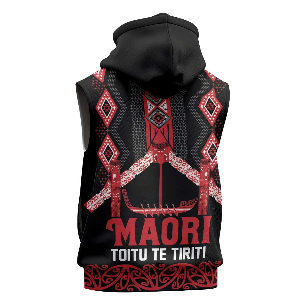 Toitu Te Tiriti Waitangi Sleeveless Zip Hoodie Black Wharenui House LT9 - Polynesian Pride