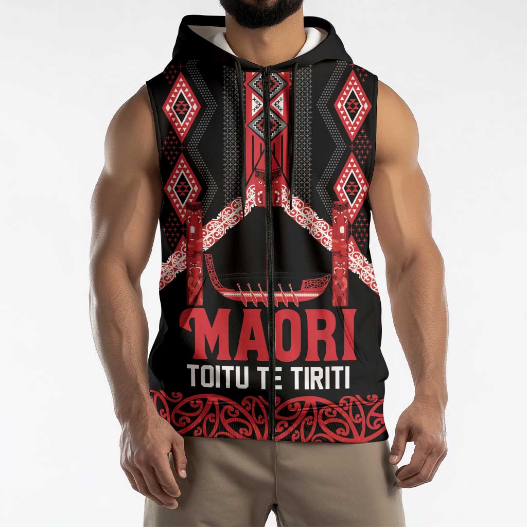 Toitu Te Tiriti Waitangi Sleeveless Zip Hoodie Black Wharenui House LT9 - Polynesian Pride