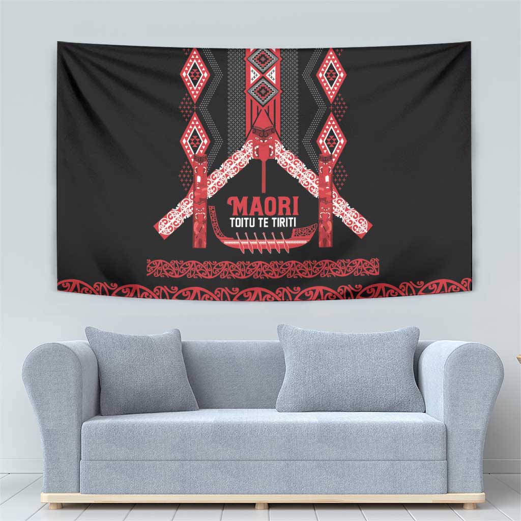 Toitu Te Tiriti Waitangi Tapestry Black Wharenui House LT9 - Polynesian Pride
