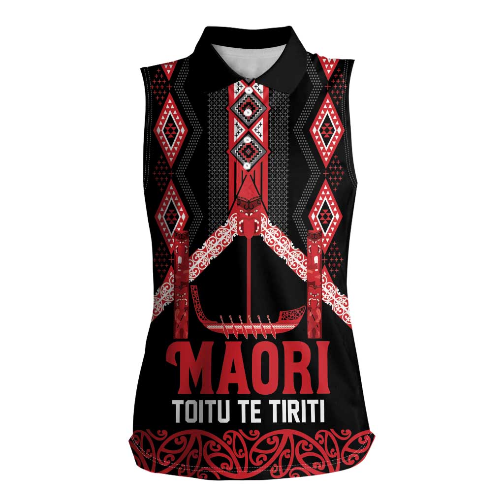 Toitu Te Tiriti Waitangi Women Sleeveless Polo Shirt Black Wharenui House - Polynesian Pride