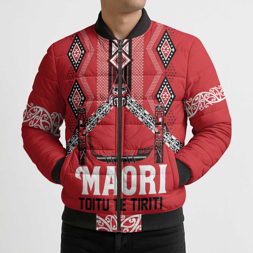 Toitu Te Tiriti Waitangi Bomber Puffer Jacket Red Wharenui House - Polynesian Pride