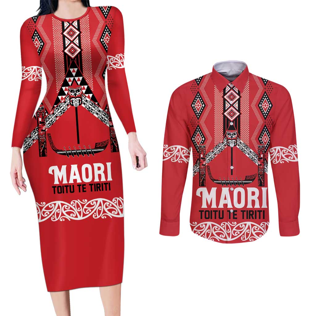 Toitu Te Tiriti Waitangi Couples Matching Long Sleeve Bodycon Dress and Long Sleeve Button Shirt Red Wharenui House - Polynesian Pride