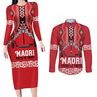 Toitu Te Tiriti Waitangi Couples Matching Long Sleeve Bodycon Dress and Long Sleeve Button Shirt Red Wharenui House - Polynesian Pride