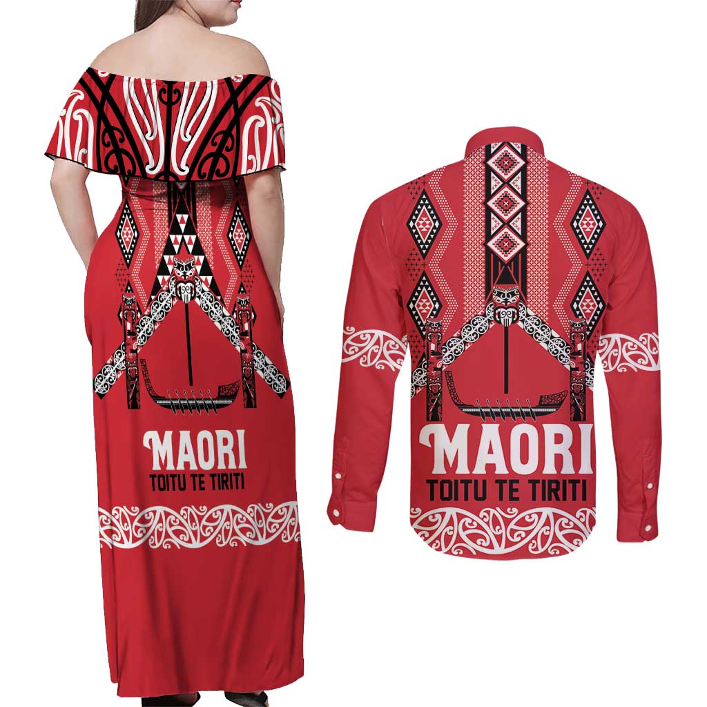 Toitu Te Tiriti Waitangi Couples Matching Off Shoulder Maxi Dress and Long Sleeve Button Shirt Red Wharenui House - Polynesian Pride