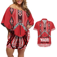 Toitu Te Tiriti Waitangi Couples Matching Off Shoulder Short Dress and Hawaiian Shirt Red Wharenui House - Polynesian Pride