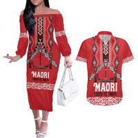 Toitu Te Tiriti Waitangi Couples Matching Off The Shoulder Long Sleeve Dress and Hawaiian Shirt Red Wharenui House - Polynesian Pride