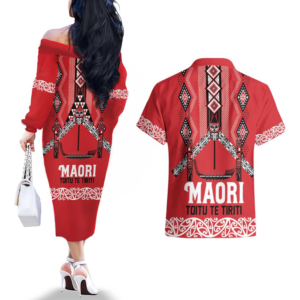 Toitu Te Tiriti Waitangi Couples Matching Off The Shoulder Long Sleeve Dress and Hawaiian Shirt Red Wharenui House - Polynesian Pride