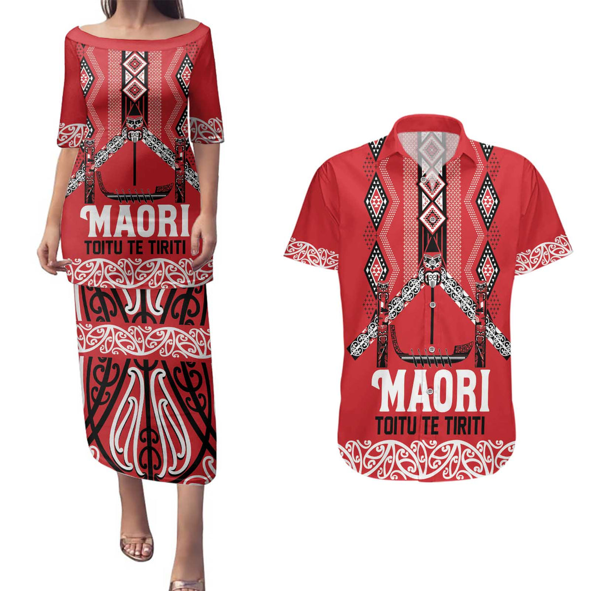 Toitu Te Tiriti Waitangi Couples Matching Puletasi and Hawaiian Shirt Red Wharenui House - Polynesian Pride