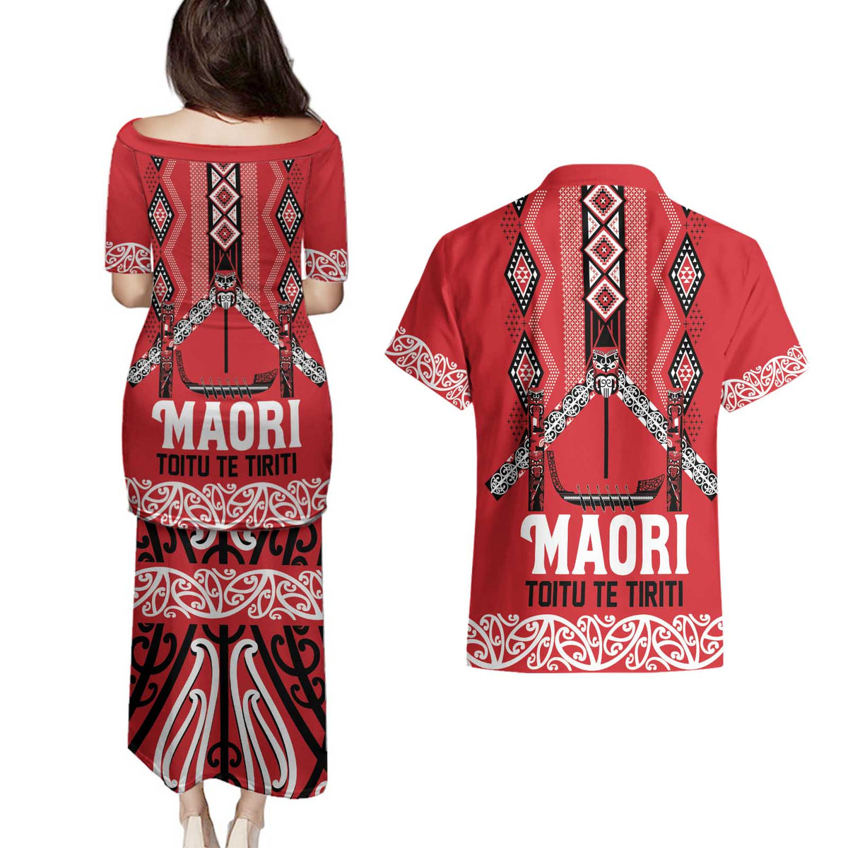 Toitu Te Tiriti Waitangi Couples Matching Puletasi and Hawaiian Shirt Red Wharenui House - Polynesian Pride