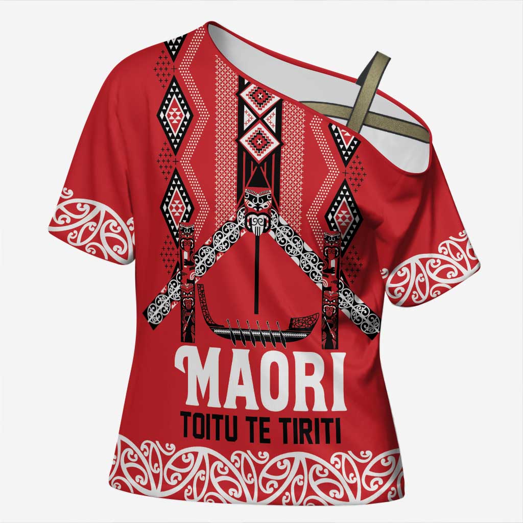 Toitu Te Tiriti Waitangi Cross Shoulder Shirt Red Wharenui House - Polynesian Pride