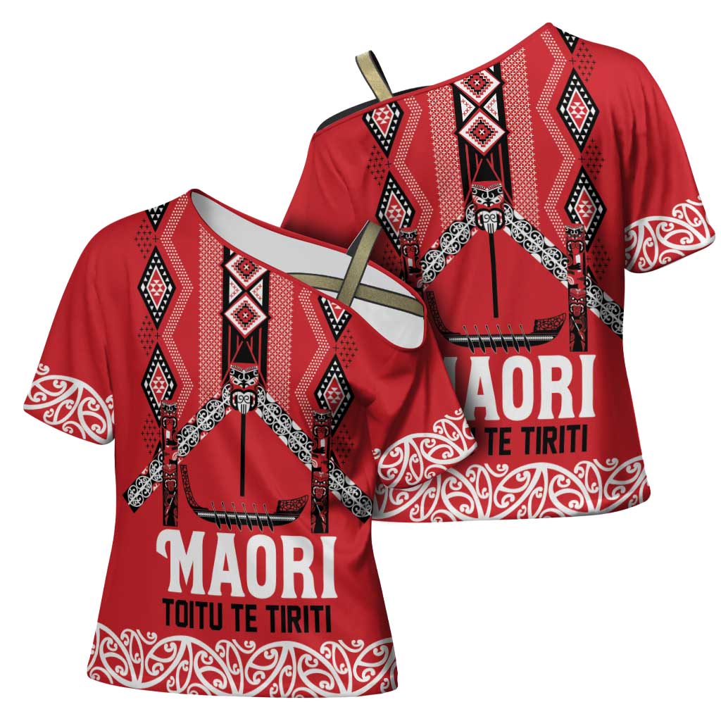 Toitu Te Tiriti Waitangi Cross Shoulder Shirt Red Wharenui House - Polynesian Pride