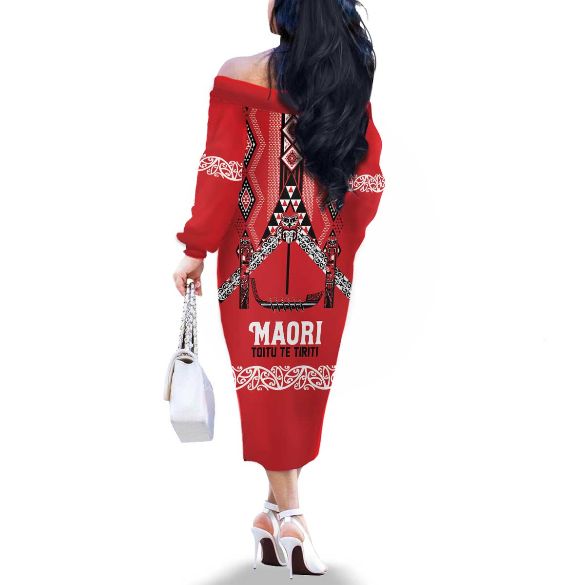 Toitu Te Tiriti Waitangi Family Matching Off The Shoulder Long Sleeve Dress and Hawaiian Shirt Red Wharenui House - Polynesian Pride