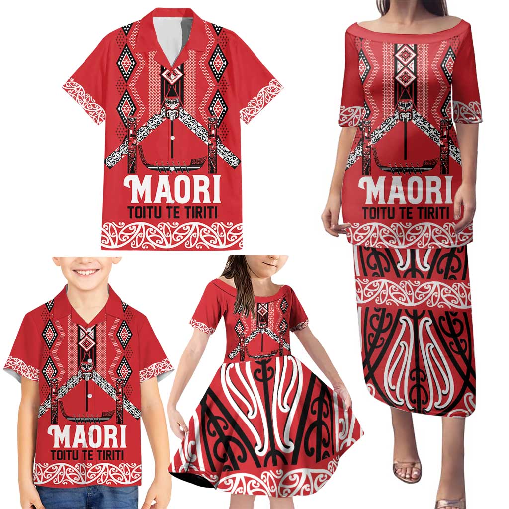 Toitu Te Tiriti Waitangi Family Matching Puletasi and Hawaiian Shirt Red Wharenui House - Polynesian Pride