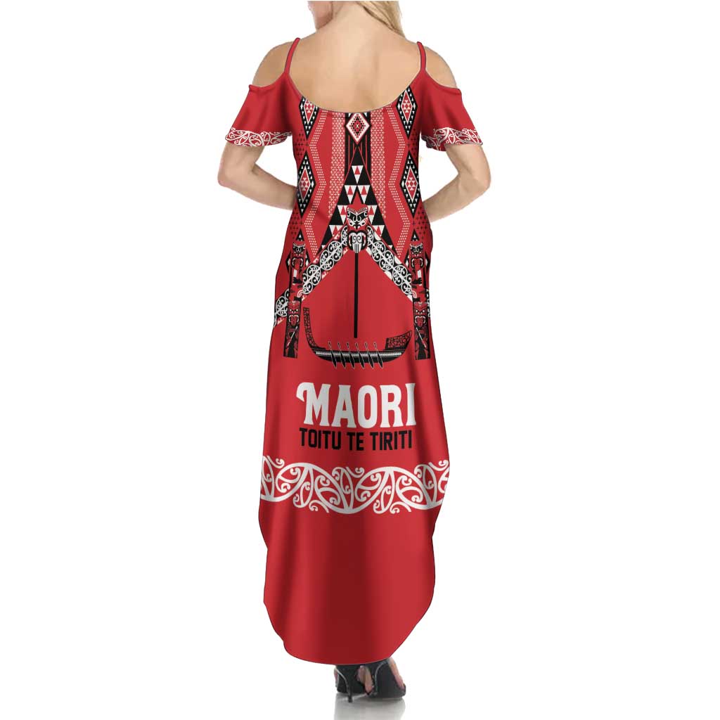 Toitu Te Tiriti Waitangi Family Matching Summer Maxi Dress and Hawaiian Shirt Red Wharenui House - Polynesian Pride