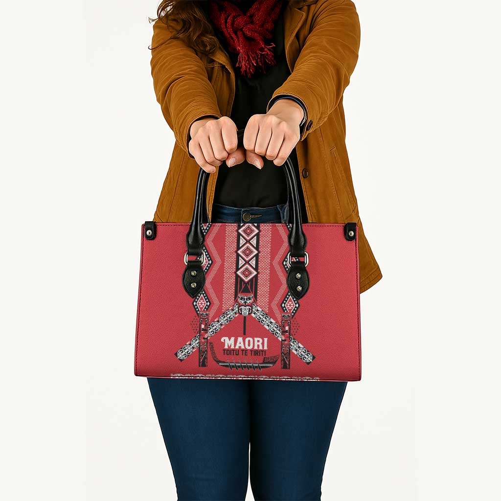 Toitu Te Tiriti Waitangi Leather Bag Red Wharenui House - Polynesian Pride