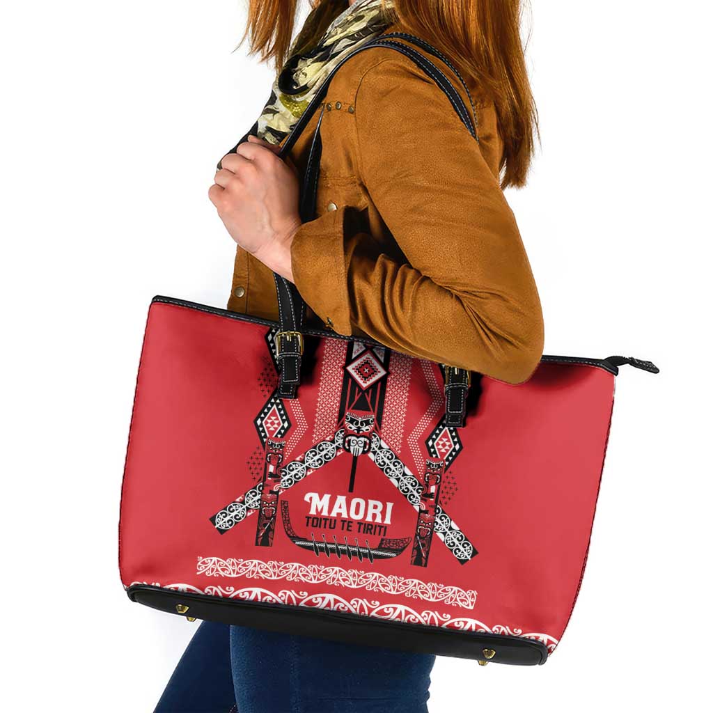 Toitu Te Tiriti Waitangi Leather Tote Bag Red Wharenui House LT9 Red - Polynesian Pride