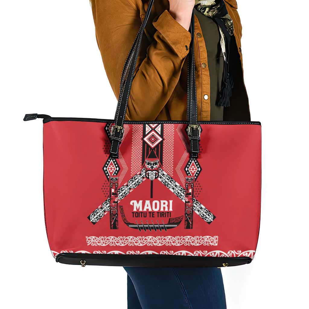 Toitu Te Tiriti Waitangi Leather Tote Bag Red Wharenui House LT9 - Polynesian Pride