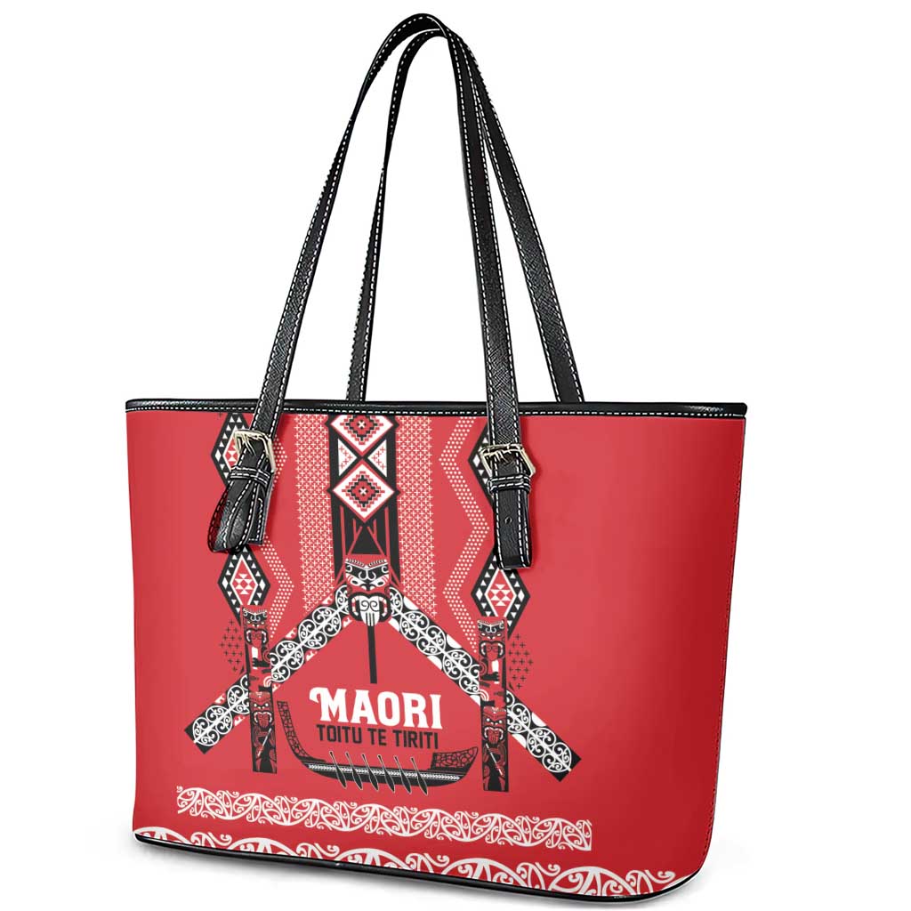 Toitu Te Tiriti Waitangi Leather Tote Bag Red Wharenui House LT9 - Polynesian Pride