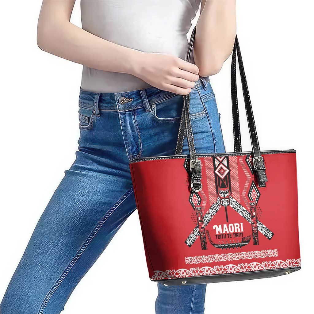 Toitu Te Tiriti Waitangi Leather Tote Bag Red Wharenui House LT9 - Polynesian Pride