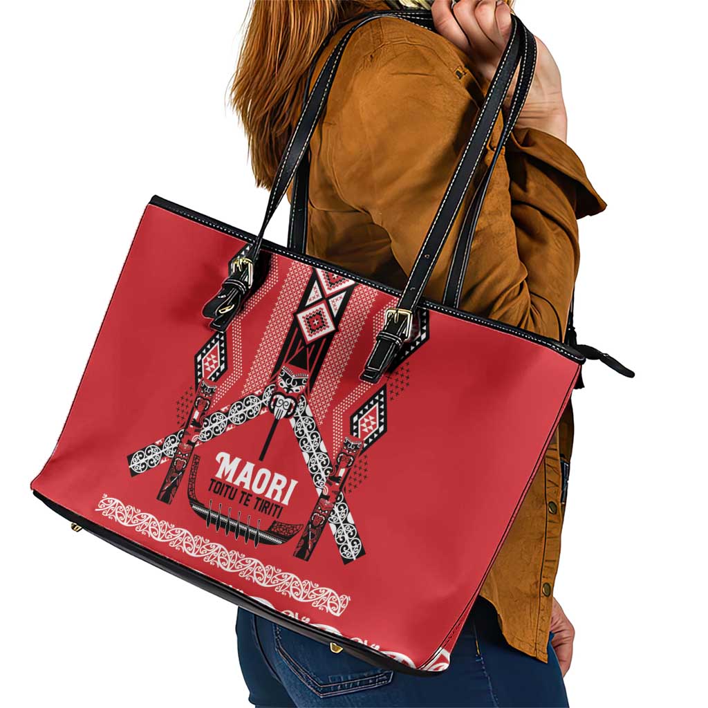 Toitu Te Tiriti Waitangi Leather Tote Bag Red Wharenui House LT9 - Polynesian Pride