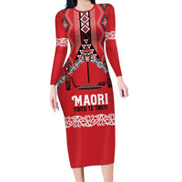 Toitu Te Tiriti Waitangi Long Sleeve Bodycon Dress Red Wharenui House LT9 Long Dress Red - Polynesian Pride
