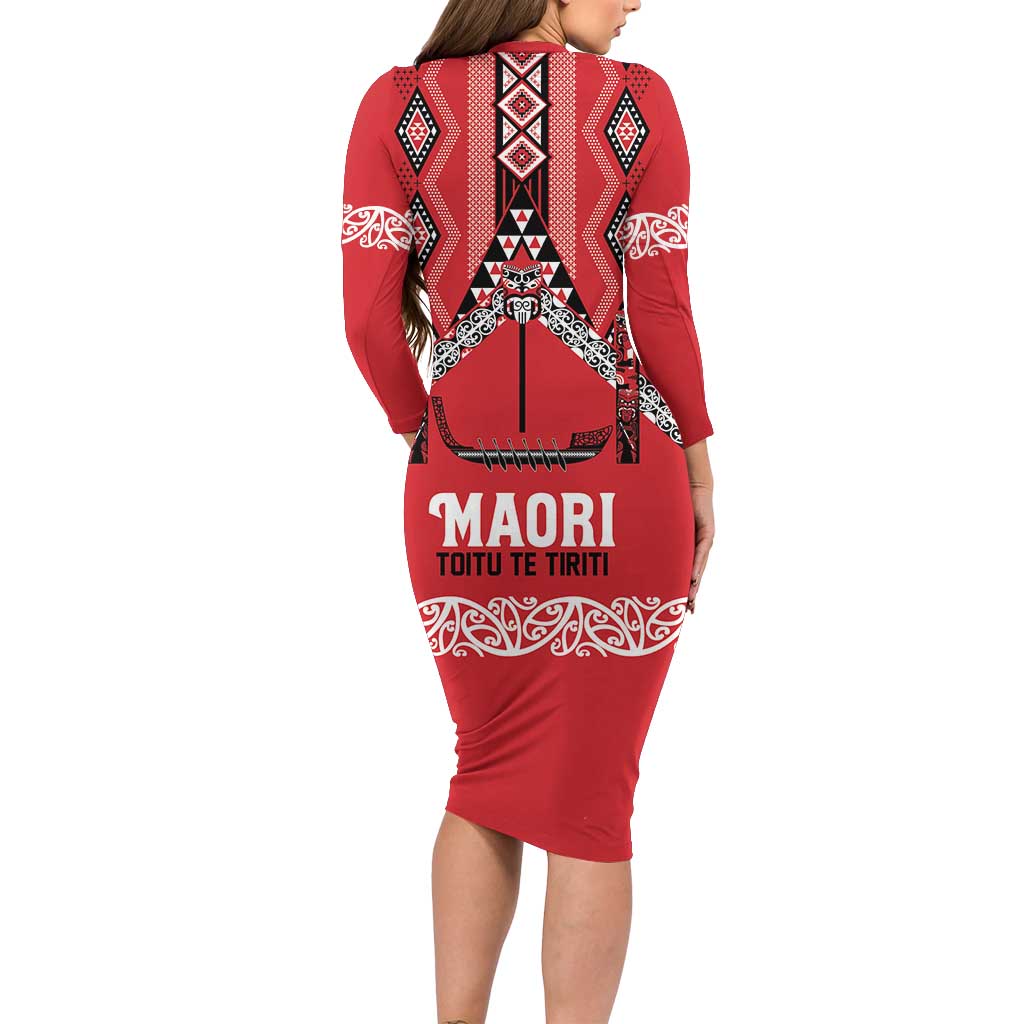 Toitu Te Tiriti Waitangi Long Sleeve Bodycon Dress Red Wharenui House LT9 - Polynesian Pride