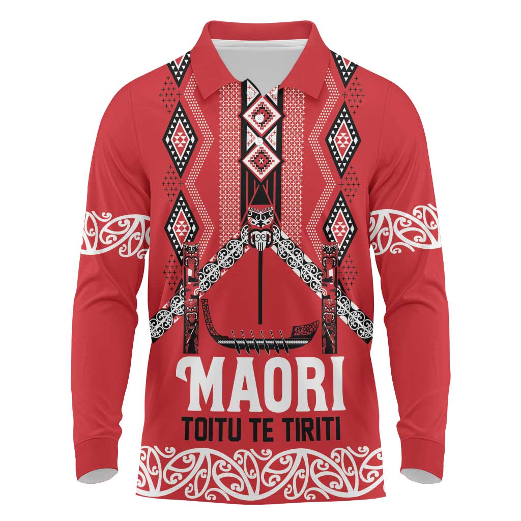 Toitu Te Tiriti Waitangi Long Sleeve Polo Shirt Red Wharenui House - Polynesian Pride