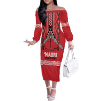 Toitu Te Tiriti Waitangi Off The Shoulder Long Sleeve Dress Red Wharenui House LT9 Women Red - Polynesian Pride