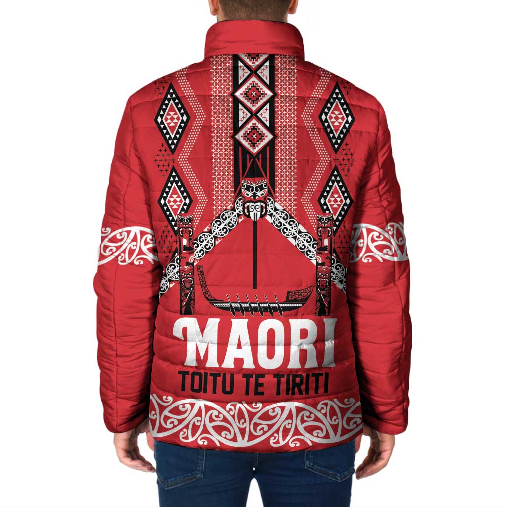Toitu Te Tiriti Waitangi Padded Jacket Red Wharenui House - Polynesian Pride