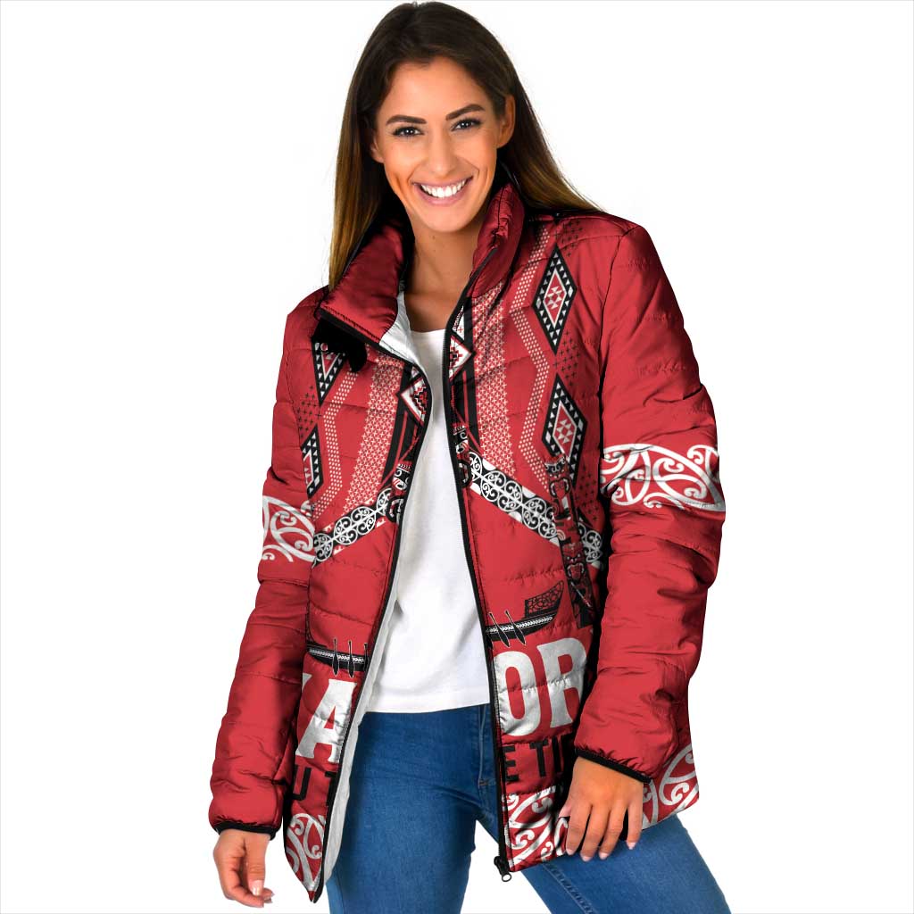 Toitu Te Tiriti Waitangi Padded Jacket Red Wharenui House - Polynesian Pride
