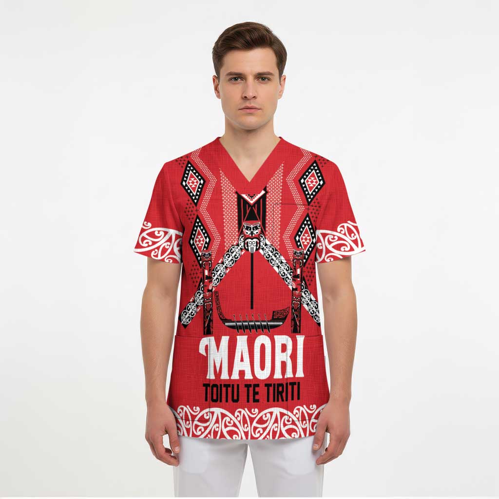 Toitu Te Tiriti Waitangi Scrub Top Red Wharenui House - Polynesian Pride