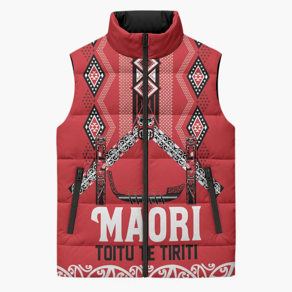 Toitu Te Tiriti Waitangi Sleeveless Puffer Jacket Red Wharenui House - Polynesian Pride