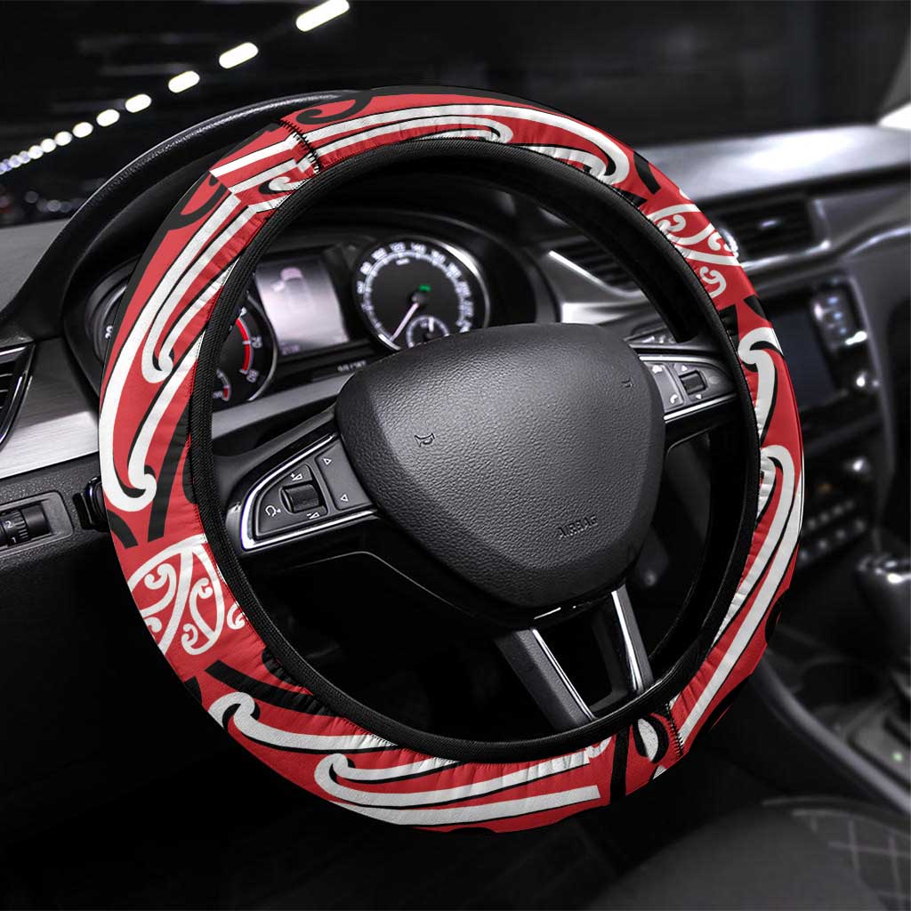 Toitu Te Tiriti Waitangi Steering Wheel Cover Red Wharenui House LT9 Universal Fit Red - Polynesian Pride