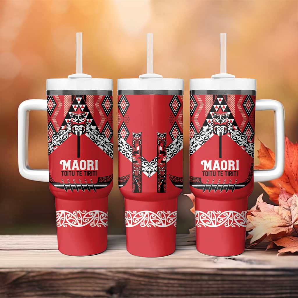 Toitu Te Tiriti Waitangi Tumbler With Handle Red Wharenui House - Polynesian Pride