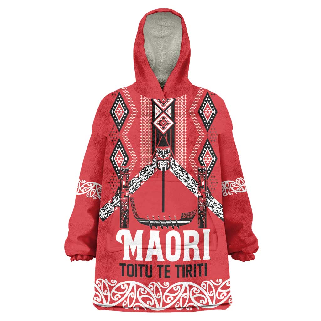 Toitu Te Tiriti Waitangi Wearable Blanket Hoodie Red Wharenui House - Polynesian Pride
