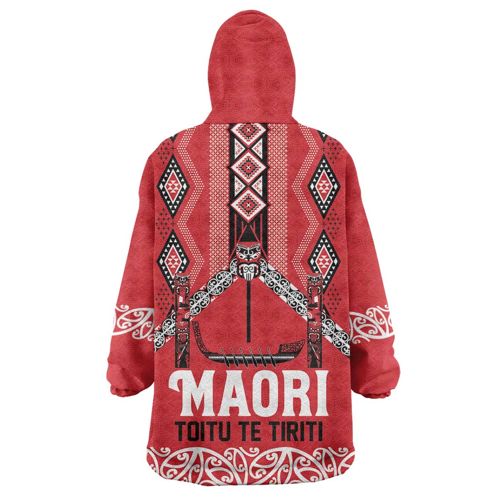 Toitu Te Tiriti Waitangi Wearable Blanket Hoodie Red Wharenui House - Polynesian Pride