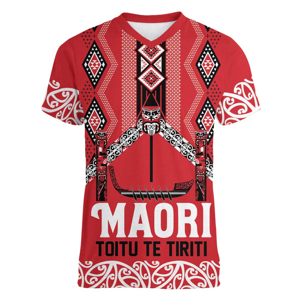Toitu Te Tiriti Waitangi Women V-Neck T-Shirt Red Wharenui House LT9 Female Red - Polynesian Pride