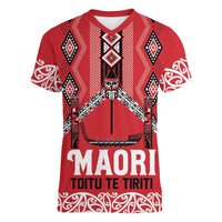 Toitu Te Tiriti Waitangi Women V-Neck T-Shirt Red Wharenui House LT9 Female Red - Polynesian Pride
