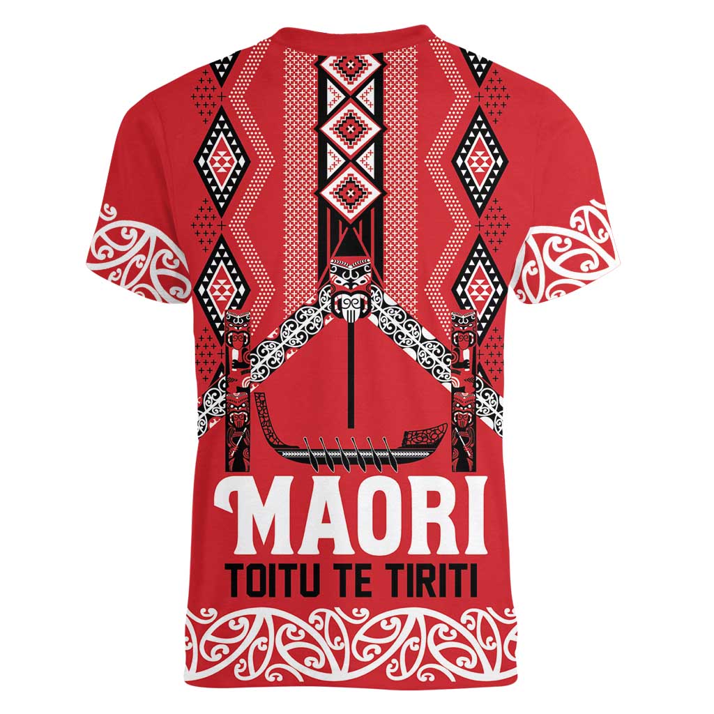 Toitu Te Tiriti Waitangi Women V-Neck T-Shirt Red Wharenui House LT9 - Polynesian Pride