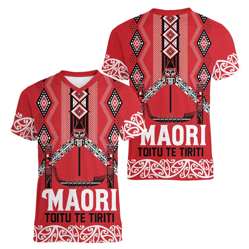Toitu Te Tiriti Waitangi Women V-Neck T-Shirt Red Wharenui House LT9 - Polynesian Pride